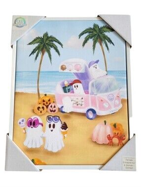 Summerween Ghost Canvas Wall Decor Coastal Halloween Ice Cream Truck NWT